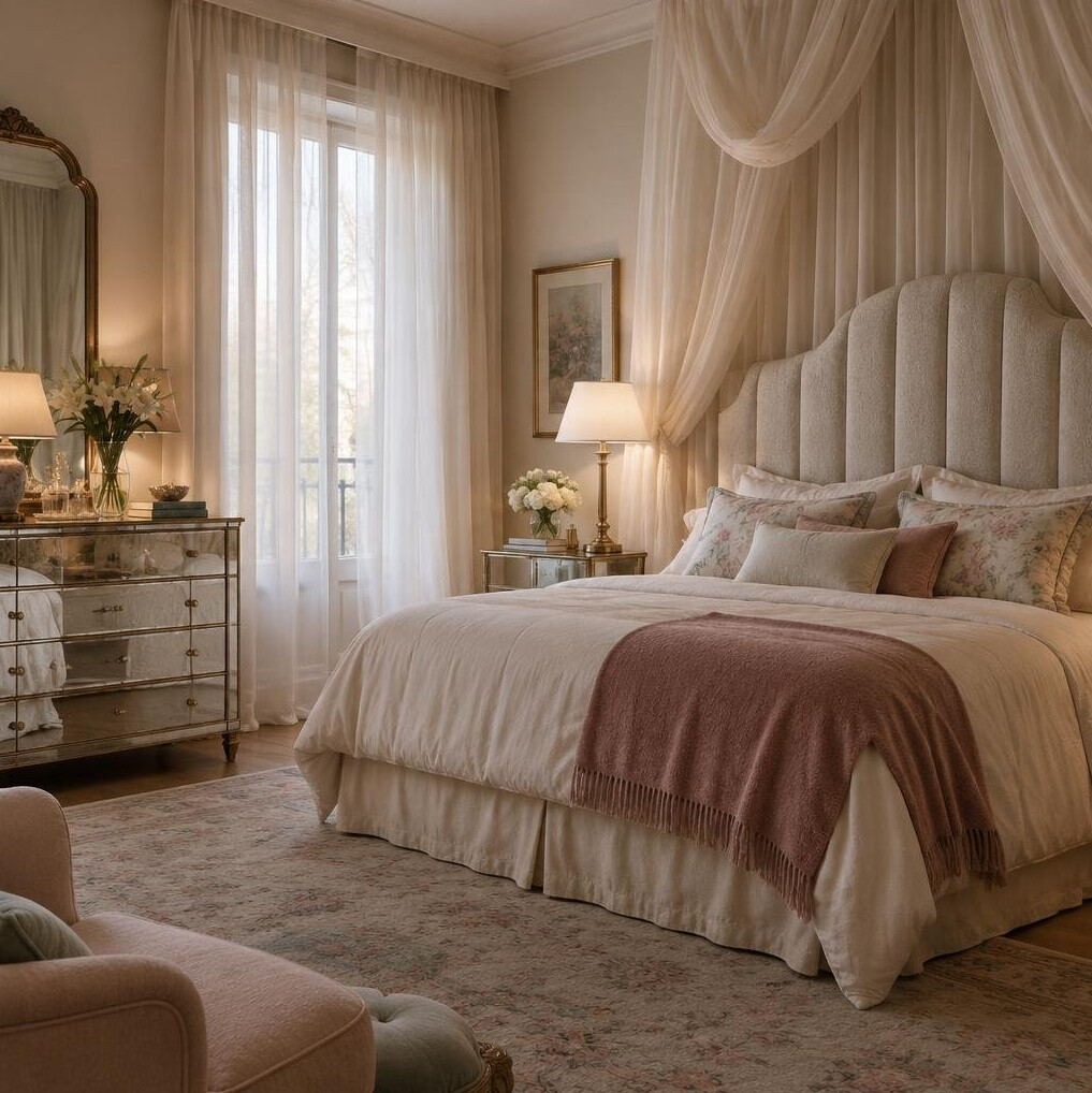 Elegant bedroom with upholstered headboard and soft drapery