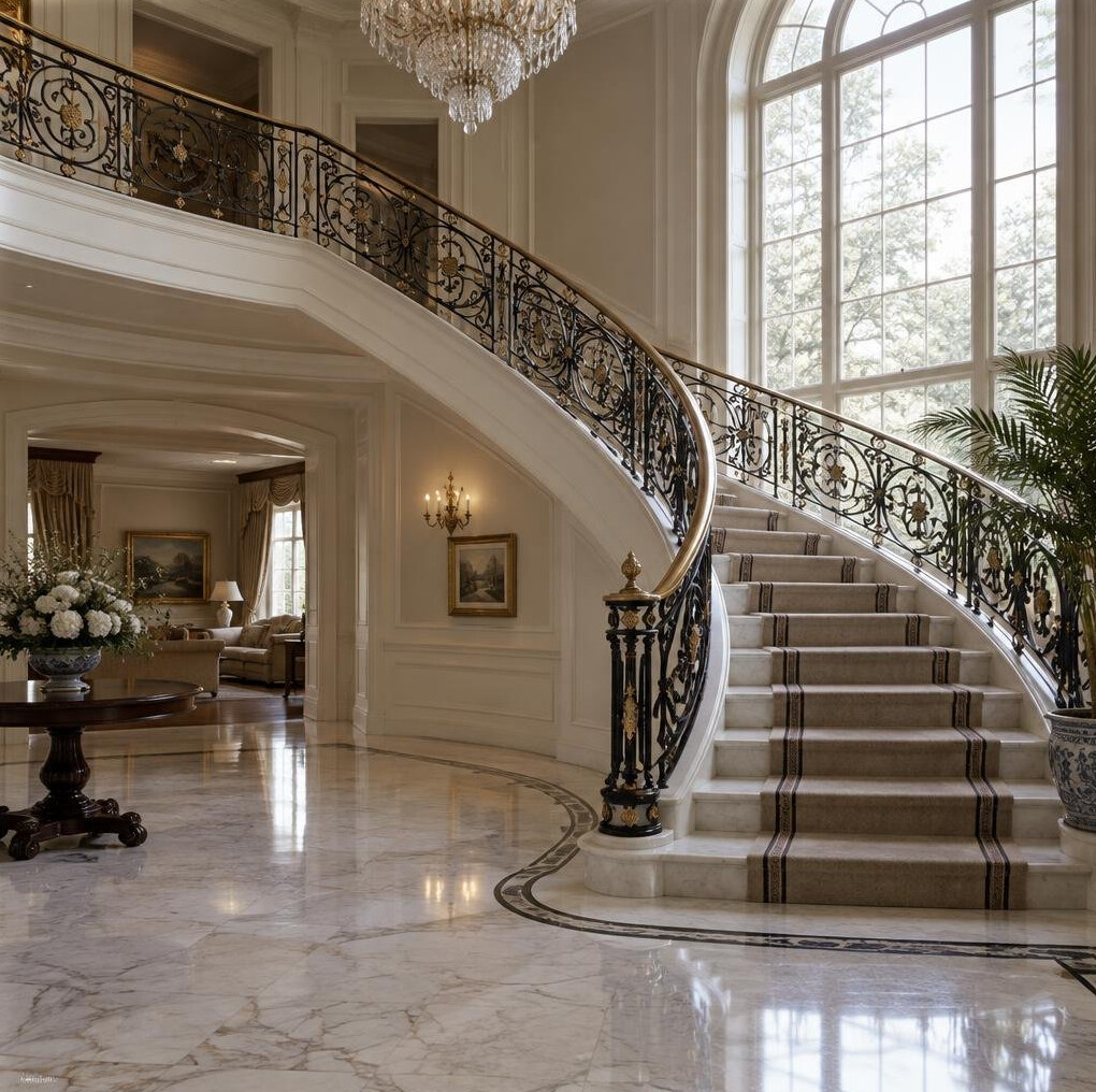 Grand curved staircase with wrought iron railing in a mansion entrance