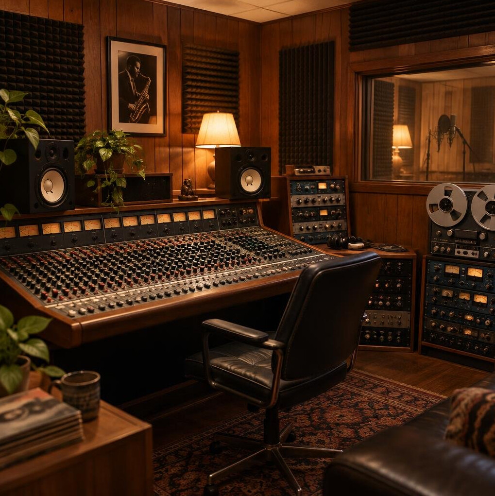 Home recording studio with mixing console and acoustic panels