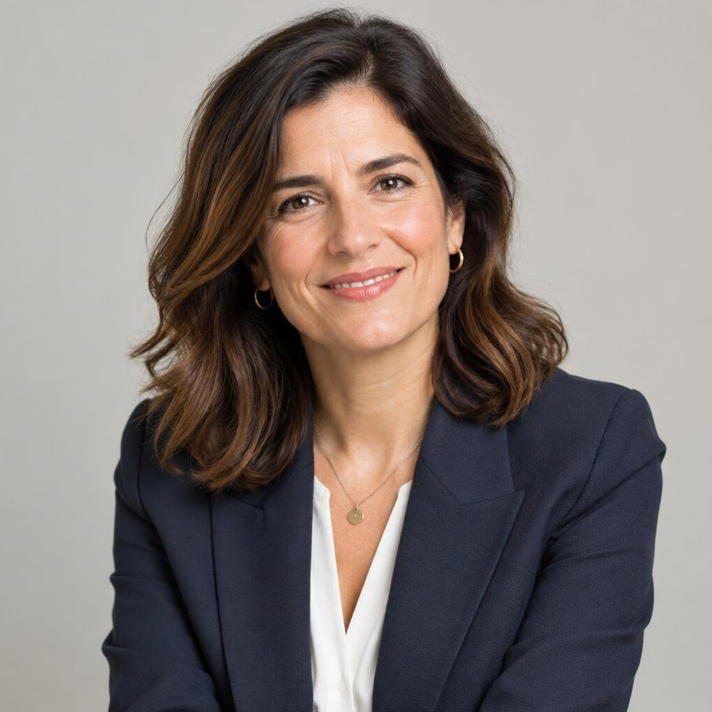 Studio portrait of a Portuguese woman editor in her forties smiling