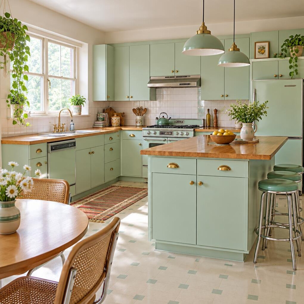 Retro kitchen with pastel cabinets and wooden countertop