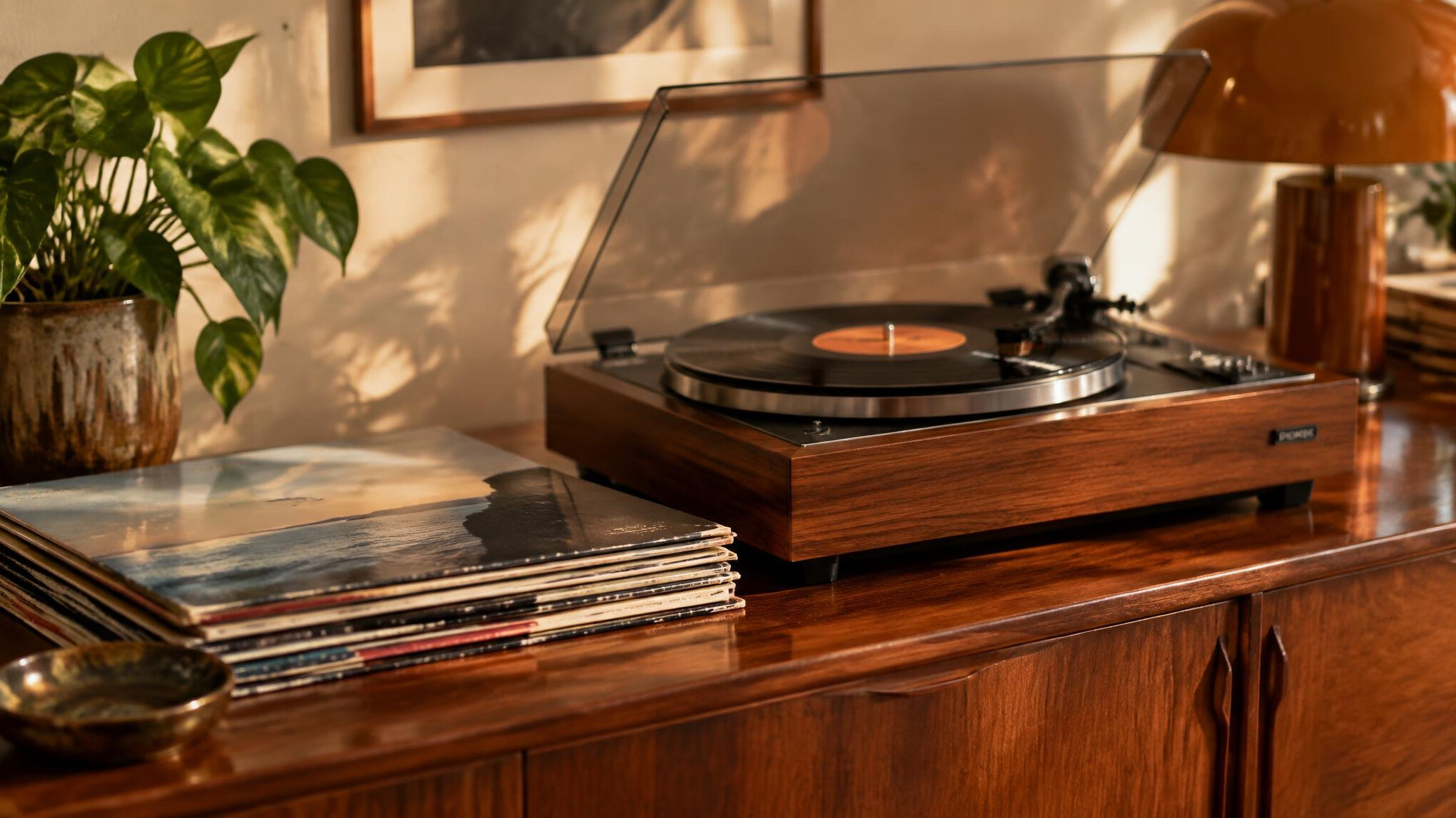 Still life of a retro record player and vinyl records on a wooden sideboard