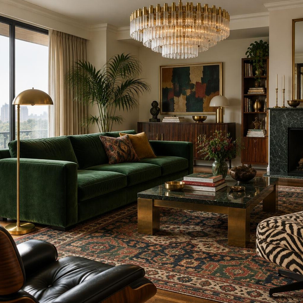 Spacious living room with velvet sofa and statement chandelier