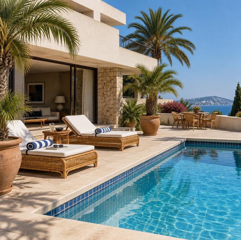 Poolside terrace with sun loungers and palm trees at a villa