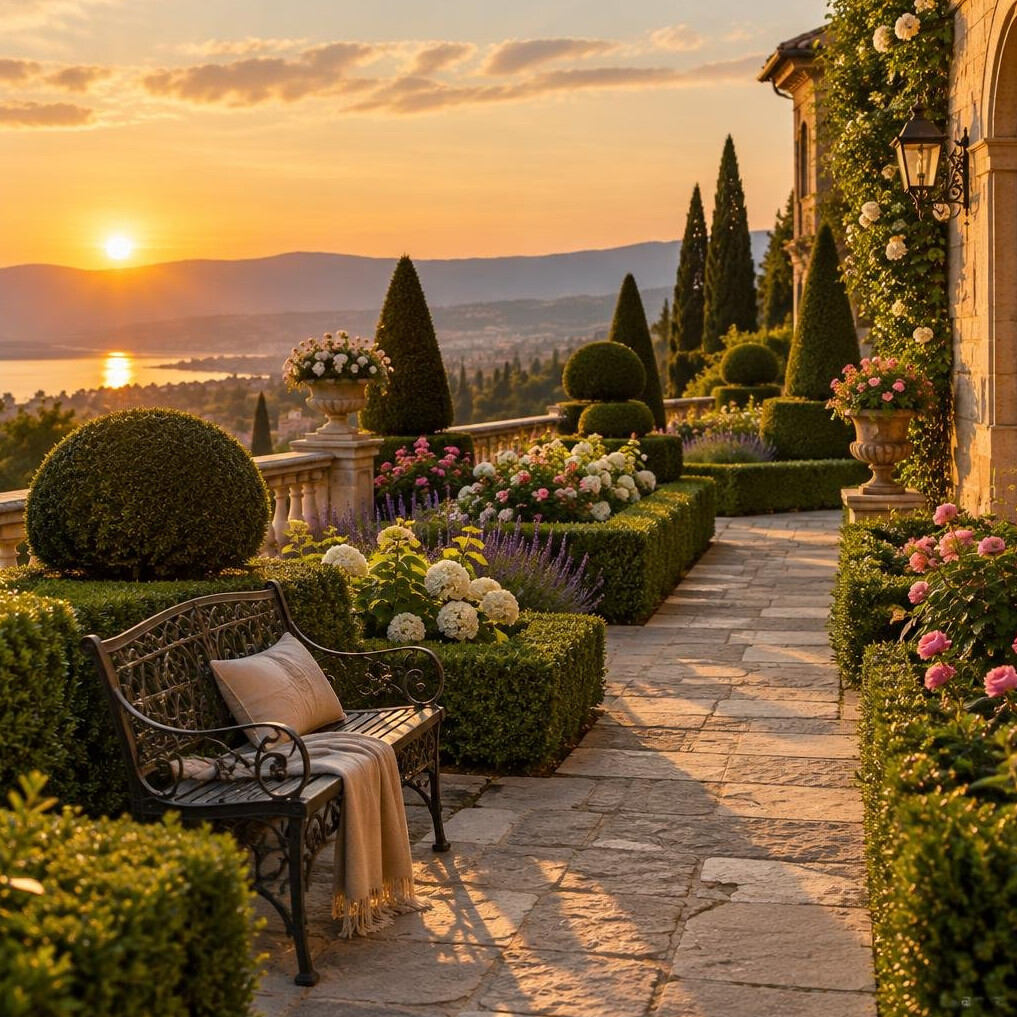 Landscaped garden terrace with topiary hedges and stone pathway