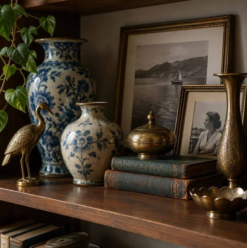Close up of vintage decorative objects and ceramics on a shelf